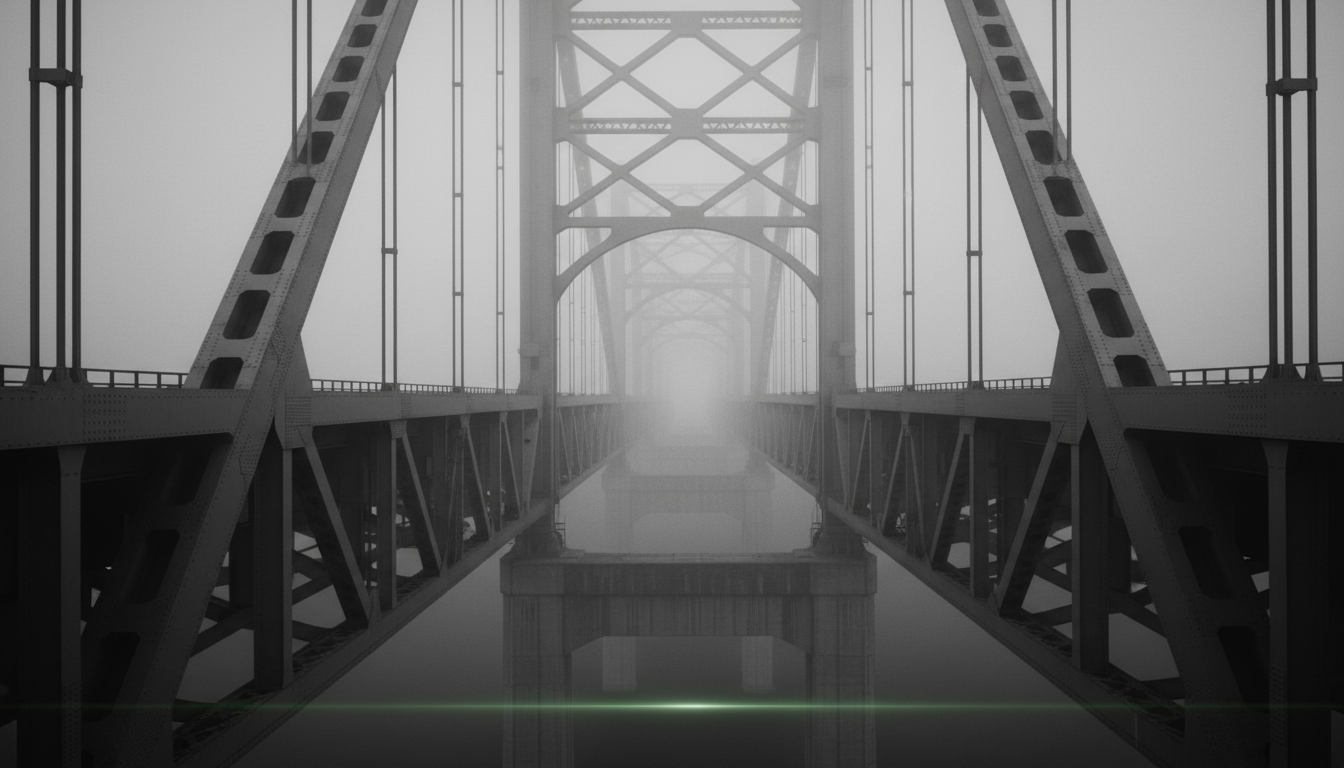 Bridge architecture receding into fog